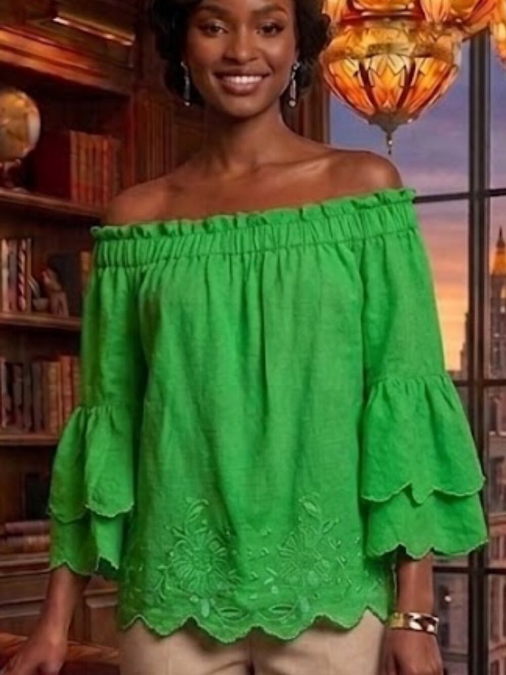 Trina Turk Bright Green Elastic Waist Blouse Size 8